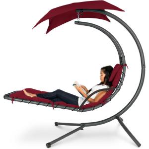 imageBest Choice Products Outdoor Hanging Curved Steel Chaise Lounge Chair Swing wBuiltin Pillow and Removable Canopy  Navy BlueBurgundy