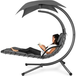 imageBest Choice Products Outdoor Hanging Curved Steel Chaise Lounge Chair Swing wBuiltin Pillow and Removable Canopy  Navy BlueCharcoal Gray