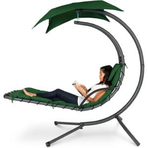 imageBest Choice Products Outdoor Hanging Curved Steel Chaise Lounge Chair Swing wBuiltin Pillow and Removable Canopy  Navy BlueGreen