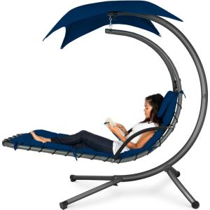imageBest Choice Products Outdoor Hanging Curved Steel Chaise Lounge Chair Swing wBuiltin Pillow and Removable Canopy  Navy BlueNavy Blue