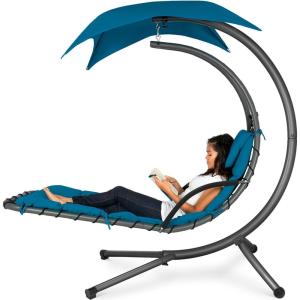 imageBest Choice Products Outdoor Hanging Curved Steel Chaise Lounge Chair Swing wBuiltin Pillow and Removable Canopy  Navy BluePeacock Blue