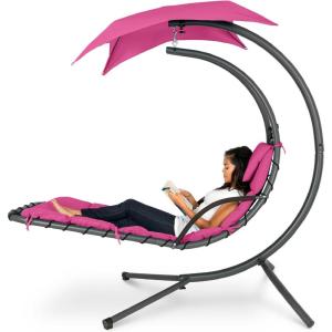 imageBest Choice Products Outdoor Hanging Curved Steel Chaise Lounge Chair Swing wBuiltin Pillow and Removable Canopy  Navy BluePink
