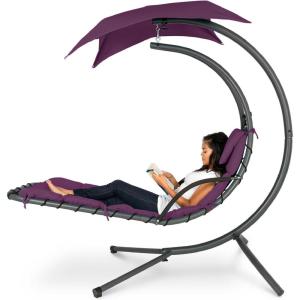 imageBest Choice Products Outdoor Hanging Curved Steel Chaise Lounge Chair Swing wBuiltin Pillow and Removable Canopy  Navy BluePurple