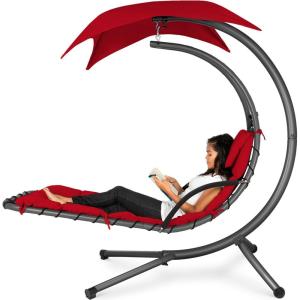 imageBest Choice Products Outdoor Hanging Curved Steel Chaise Lounge Chair Swing wBuiltin Pillow and Removable Canopy  Navy BlueRed