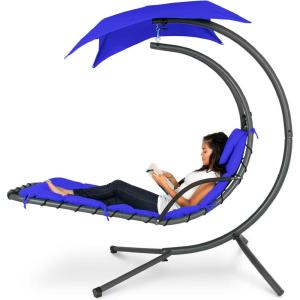 imageBest Choice Products Outdoor Hanging Curved Steel Chaise Lounge Chair Swing wBuiltin Pillow and Removable Canopy  Navy BlueResort Blue