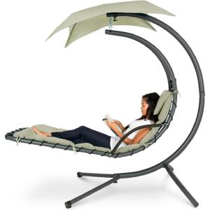 imageBest Choice Products Outdoor Hanging Curved Steel Chaise Lounge Chair Swing wBuiltin Pillow and Removable Canopy  Navy BlueSage