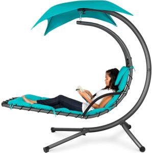 imageBest Choice Products Outdoor Hanging Curved Steel Chaise Lounge Chair Swing wBuiltin Pillow and Removable Canopy  Navy BlueTeal