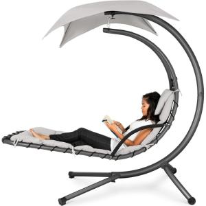 imageBest Choice Products Outdoor Hanging Curved Steel Chaise Lounge Chair Swing wBuiltin Pillow and Removable Canopy  Navy BlueWhite Sand