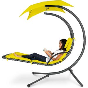imageBest Choice Products Outdoor Hanging Curved Steel Chaise Lounge Chair Swing wBuiltin Pillow and Removable Canopy  Navy BlueYellow