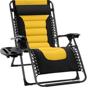 imageBest Choice Products Oversized Padded Zero Gravity Chair Folding Outdoor Patio Recliner XL Anti Gravity Lounger for Backyard wHeadrest Cup Holder Side Tray Polyester Mesh  BlackTanBlackYellow