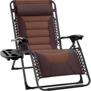 imageBest Choice Products Oversized Padded Zero Gravity Chair Folding Outdoor Patio Recliner XL Anti Gravity Lounger for Backyard wHeadrest Cup Holder Side Tray Polyester Mesh  BlackTanEspressoCaramel