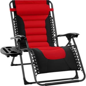 imageBest Choice Products Oversized Padded Zero Gravity Chair Folding Outdoor Patio Recliner XL Anti Gravity Lounger for Backyard wHeadrest Cup Holder Side Tray Polyester Mesh  BlackTanRed  Black