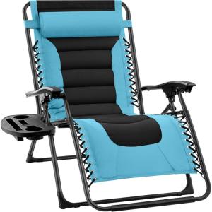 imageBest Choice Products Oversized Padded Zero Gravity Chair Folding Outdoor Patio Recliner XL Anti Gravity Lounger for Backyard wHeadrest Cup Holder Side Tray Polyester Mesh  BlackTanLight BlueBlack