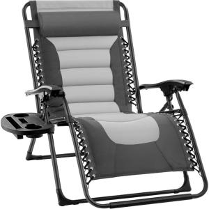 imageBest Choice Products Oversized Padded Zero Gravity Chair Folding Outdoor Patio Recliner XL Anti Gravity Lounger for Backyard wHeadrest Cup Holder Side Tray Polyester Mesh  BlackTanGrayLight Gray