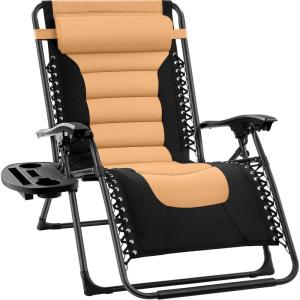 imageBest Choice Products Oversized Padded Zero Gravity Chair Folding Outdoor Patio Recliner XL Anti Gravity Lounger for Backyard wHeadrest Cup Holder Side Tray Polyester Mesh  BlackTanBlackTan