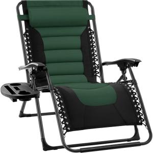 imageBest Choice Products Oversized Padded Zero Gravity Chair Folding Outdoor Patio Recliner XL Anti Gravity Lounger for Backyard wHeadrest Cup Holder Side Tray Polyester Mesh  BlackTanBlackForest Green