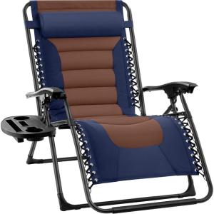 imageBest Choice Products Oversized Padded Zero Gravity Chair Folding Outdoor Patio Recliner XL Anti Gravity Lounger for Backyard wHeadrest Cup Holder Side Tray Polyester Mesh  BlackTanNavyBrown