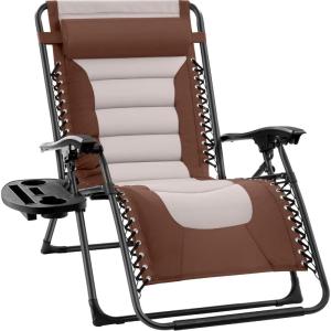 imageBest Choice Products Oversized Padded Zero Gravity Chair Folding Outdoor Patio Recliner XL Anti Gravity Lounger for Backyard wHeadrest Cup Holder Side Tray Polyester Mesh  BlackTanBrownOyster