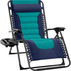 imageBest Choice Products Oversized Padded Zero Gravity Chair Folding Outdoor Patio Recliner XL Anti Gravity Lounger for Backyard wHeadrest Cup Holder Side Tray Polyester Mesh  BlackTanNavyTeal