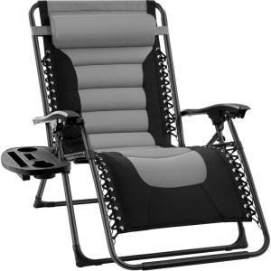 imageBest Choice Products Oversized Padded Zero Gravity Chair Folding Outdoor Patio Recliner XL Anti Gravity Lounger for Backyard wHeadrest Cup Holder Side Tray Polyester Mesh  BlackTanBlackGray