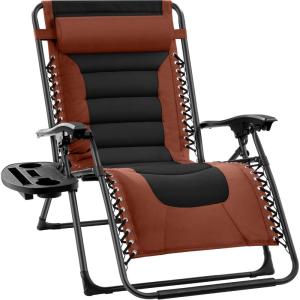 imageBest Choice Products Oversized Padded Zero Gravity Chair Folding Outdoor Patio Recliner XL Anti Gravity Lounger for Backyard wHeadrest Cup Holder Side Tray Polyester Mesh  BlackTanRustBlack
