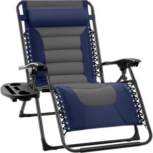 imageBest Choice Products Oversized Padded Zero Gravity Chair Folding Outdoor Patio Recliner XL Anti Gravity Lounger for Backyard wHeadrest Cup Holder Side Tray Polyester Mesh  BlackTanNavyGray