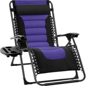 imageBest Choice Products Oversized Padded Zero Gravity Chair Folding Outdoor Patio Recliner XL Anti Gravity Lounger for Backyard wHeadrest Cup Holder Side Tray Polyester Mesh  BlackTanBlackPurple