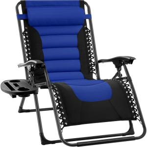 imageBest Choice Products Oversized Padded Zero Gravity Chair Folding Outdoor Patio Recliner XL Anti Gravity Lounger for Backyard wHeadrest Cup Holder Side Tray Polyester Mesh  BlackTanBlackBlue
