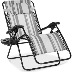 imageBest Choice Products Oversized Zero Gravity Chair Folding Outdoor Patio Lounge Recliner wCup Holder Accessory Tray Pillow  TanGray Stripes