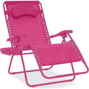 imageBest Choice Products Oversized Zero Gravity Chair Folding Outdoor Patio Lounge Recliner wCup Holder Accessory Tray Pillow  TanHot Pink