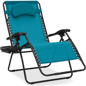 imageBest Choice Products Oversized Zero Gravity Chair Folding Outdoor Patio Lounge Recliner wCup Holder Accessory Tray Pillow  TanPeacock Blue