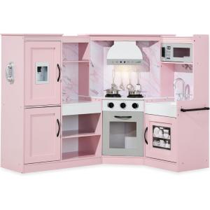 imageBest Choice Products Pretend Play Corner Kitchen Ultimate Interactive Wooden Kids Playset wLights ampamp Sounds Ice Maker Hood  EspressoPink