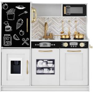 imageBest Choice Products Pretend Play Kitchen Wooden Toy Set for Kids wRealistic Design Telephone Utensils Oven Microwave Sink  Pink FloralWhite Bevel