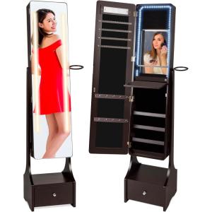 imageBest Choice Products Standing Full Length LED Mirror Jewelry Makeup Storage Organizer Cabinet Armoire wLights Touchscreen PopUp Shelf Velvet Lining 4 Compartments Drawer  WhiteEspresso