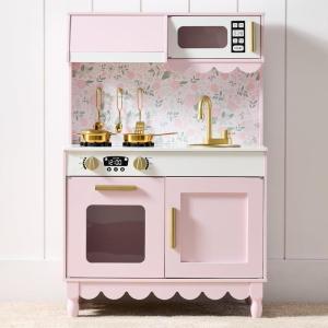 imageBest Choice Products Wooden Pretend Play Cottage Kitchen Kids Toy wStorage Scalloped Edge 5 Accessories Microwave Oven Clicking Knobs  BluePink