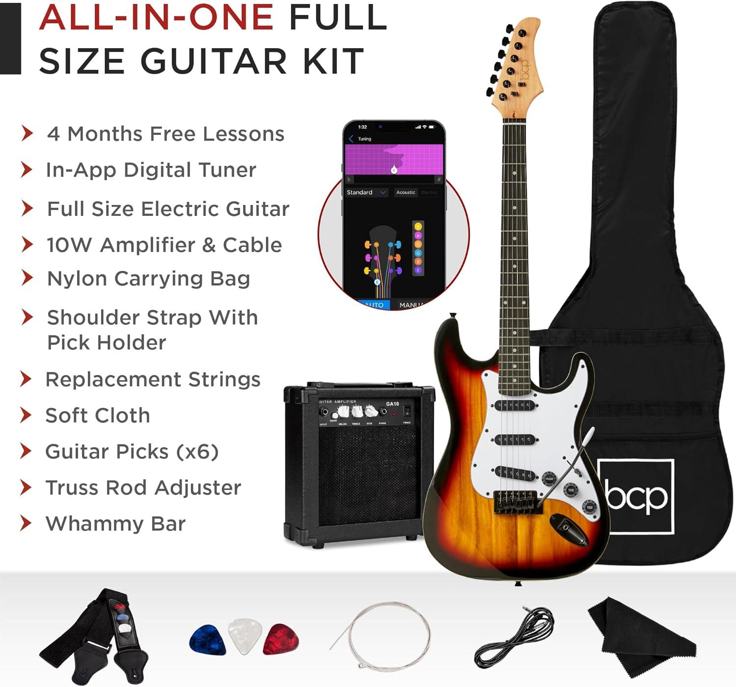 imageBest Choice Products 39in Full Size Beginner Electric Guitar Starter Kit wCase Strap 10W Amp Strings Pick Tremolo Bar  Sunburst3 Color Sunburst