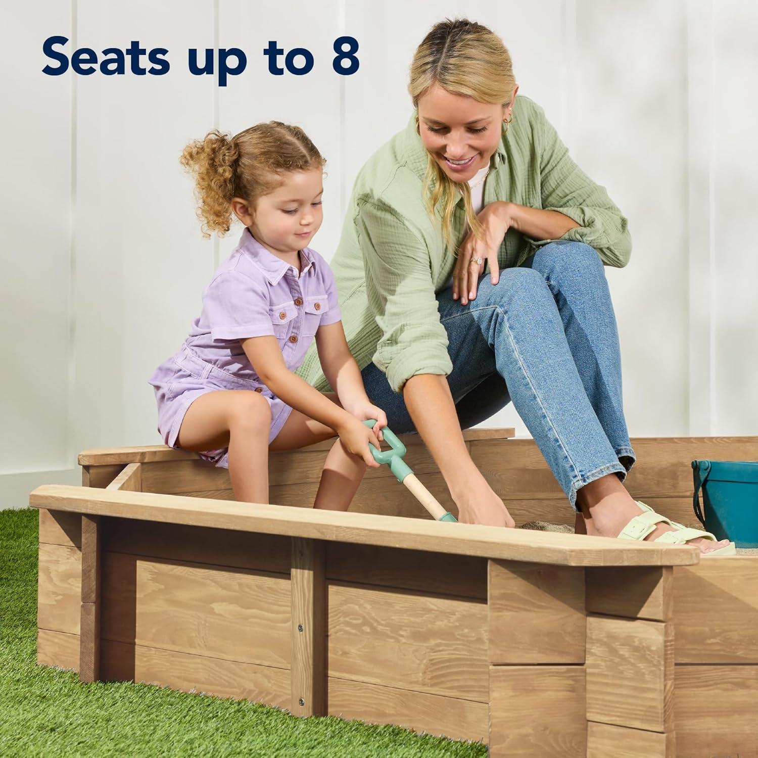 imageBest Choice Products Kids Large Octagonal Wooden Outdoor Sandbox with Cover w 4 Reinforced Benches 8 Seats XL Sandpit Bottom Liner  BrownNatural