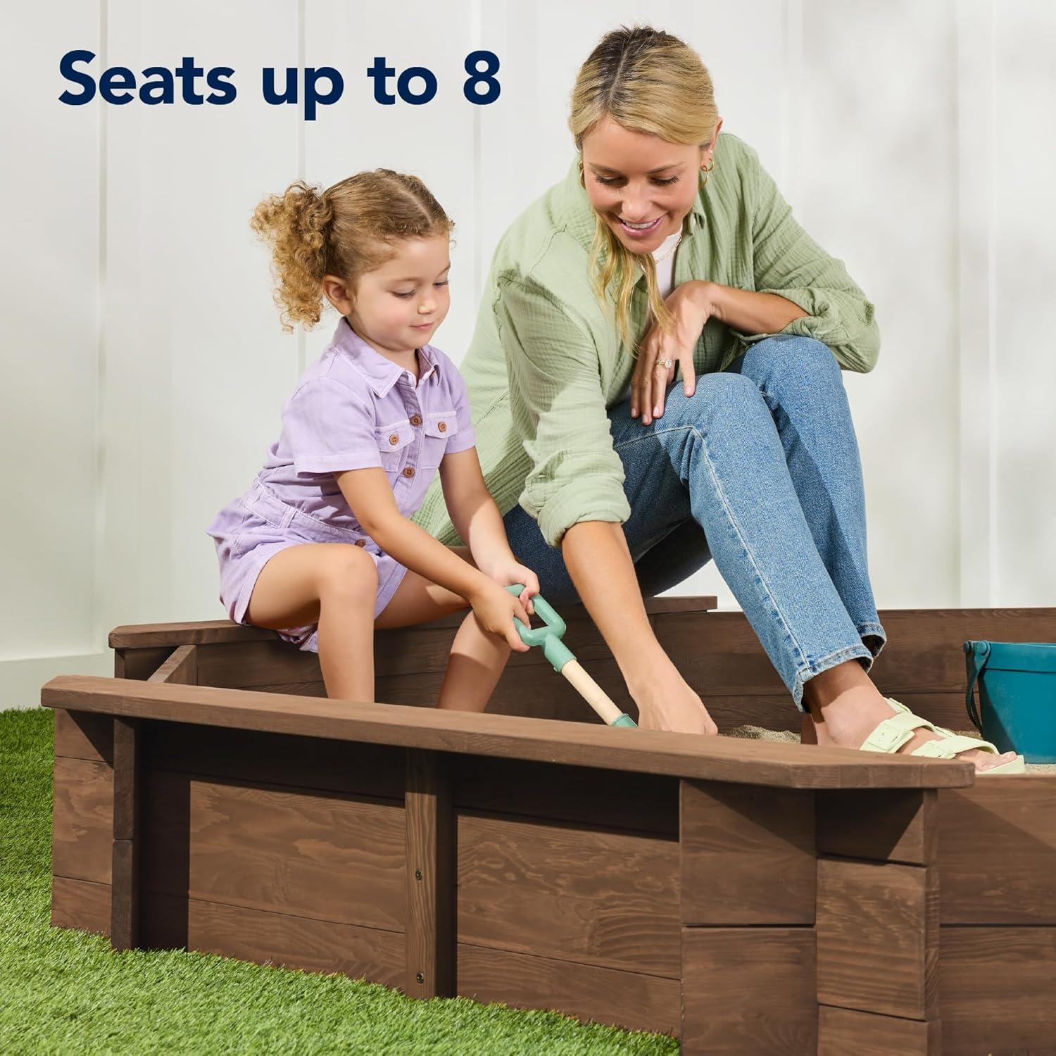 imageBest Choice Products Kids Large Octagonal Wooden Outdoor Sandbox with Cover w 4 Reinforced Benches 8 Seats XL Sandpit Bottom Liner  BrownWalnut