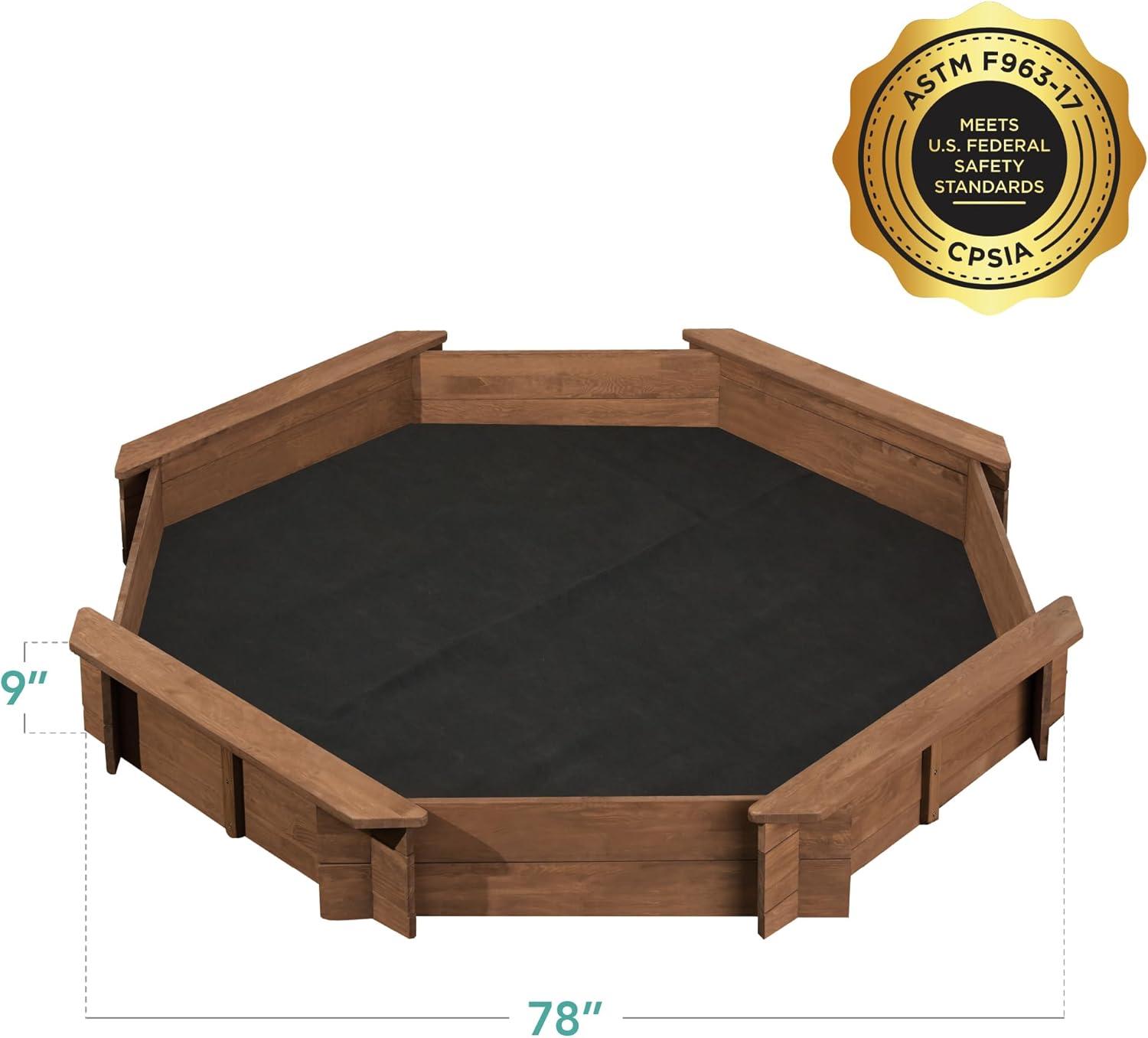 imageBest Choice Products Kids Large Octagonal Wooden Outdoor Sandbox with Cover w 4 Reinforced Benches 8 Seats XL Sandpit Bottom Liner  BrownWalnut