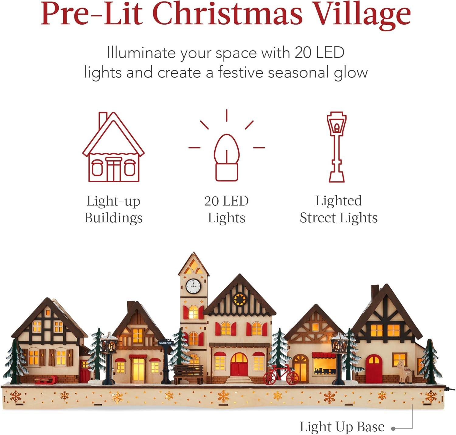 imageBest Choice Products PreLit Wooden Christmas Village Winter Mantel Decor Traditional Holiday Decoration for Home Living Room Entryway wLED Lights PluginBatteryPowered wTimer