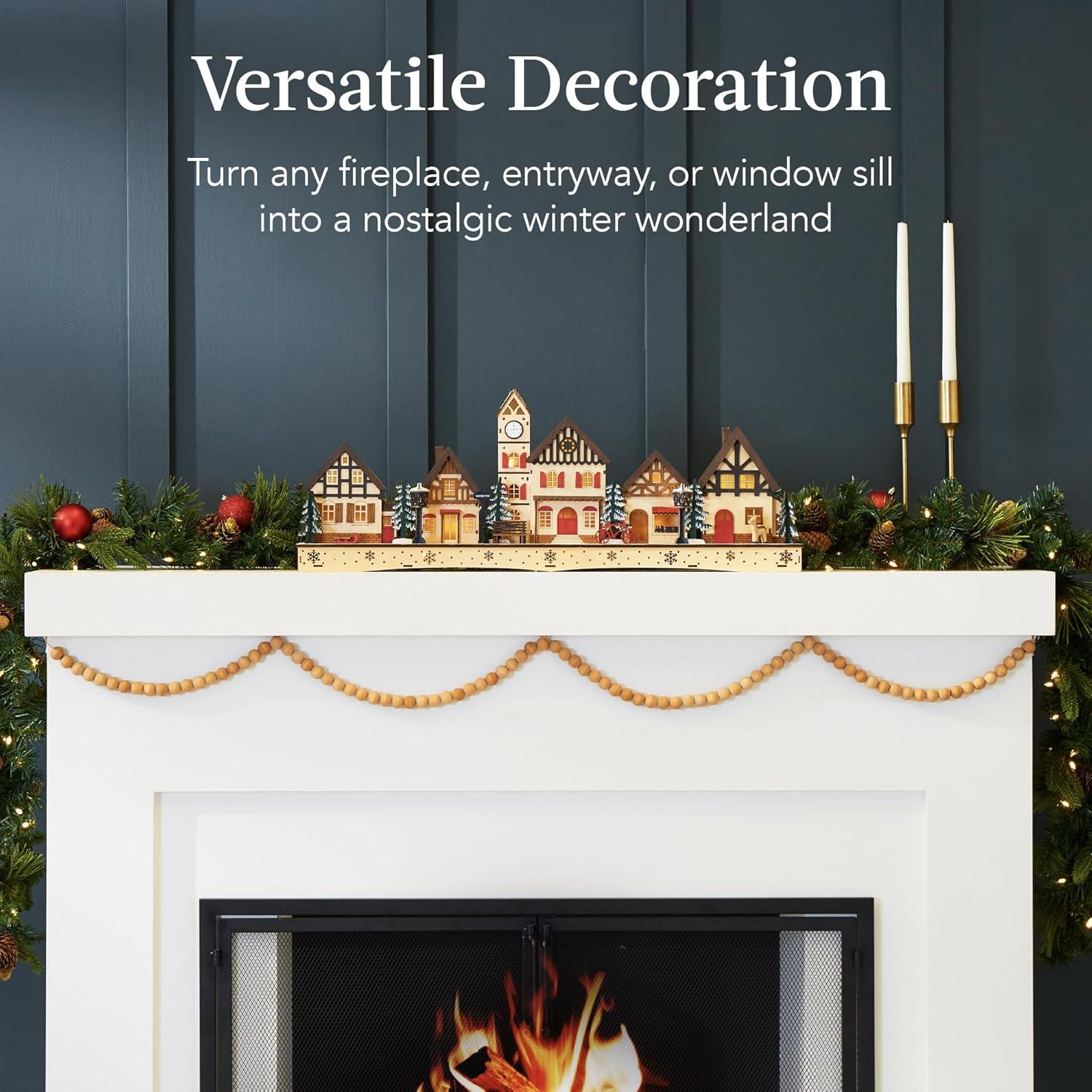 imageBest Choice Products PreLit Wooden Christmas Village Winter Mantel Decor Traditional Holiday Decoration for Home Living Room Entryway wLED Lights PluginBatteryPowered wTimer