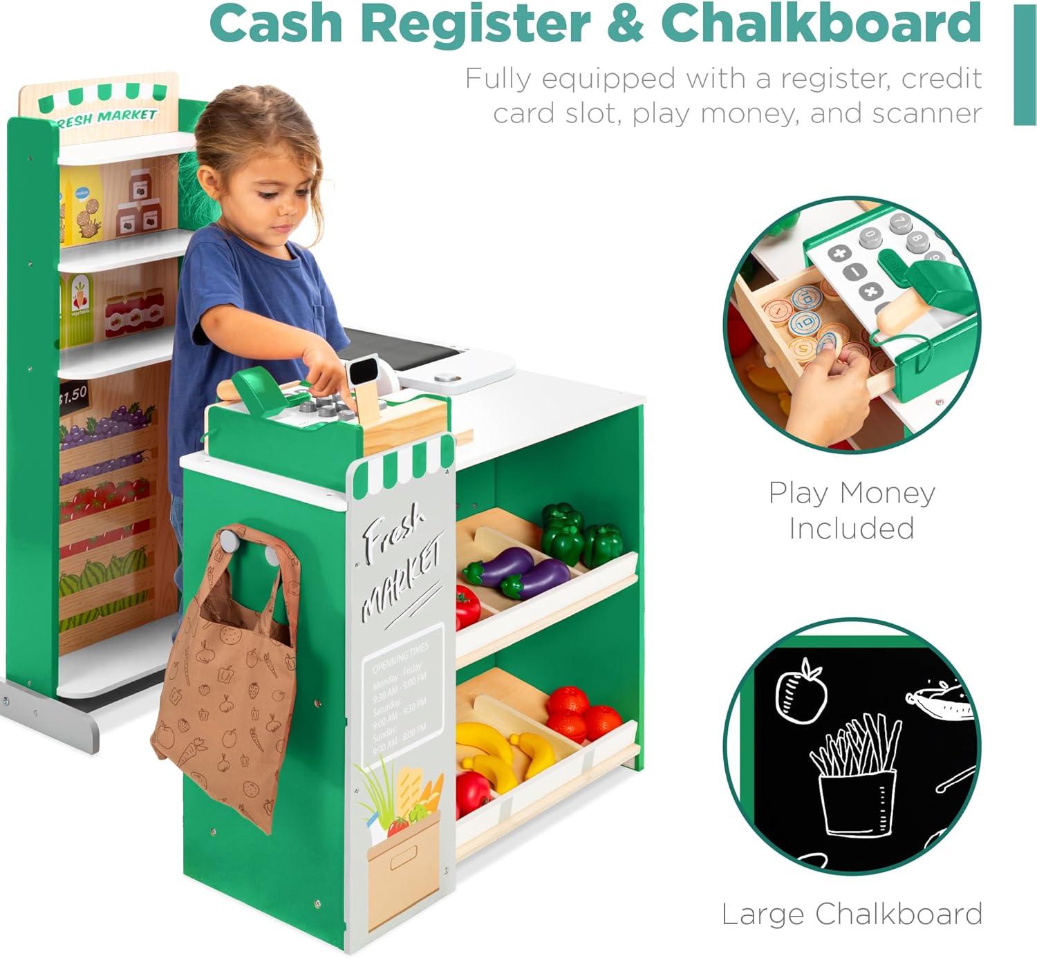 imageBest Choice Products Pretend Play Grocery Store Wooden Supermarket Toy Set for Kids wPlay Food Chalkboard Cash Register Working Conveyor  RedGreen