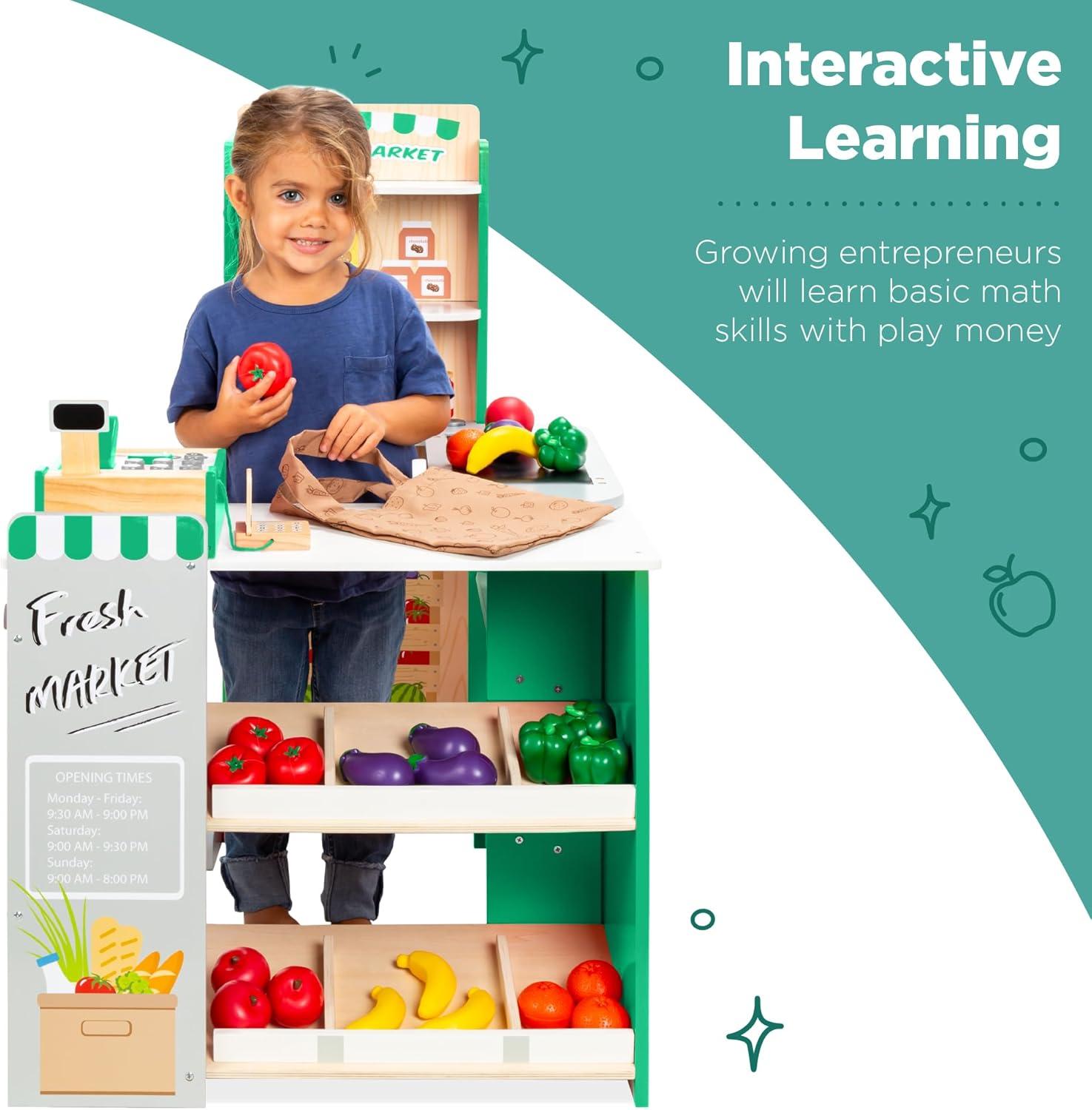 imageBest Choice Products Pretend Play Grocery Store Wooden Supermarket Toy Set for Kids wPlay Food Chalkboard Cash Register Working Conveyor  RedGreen