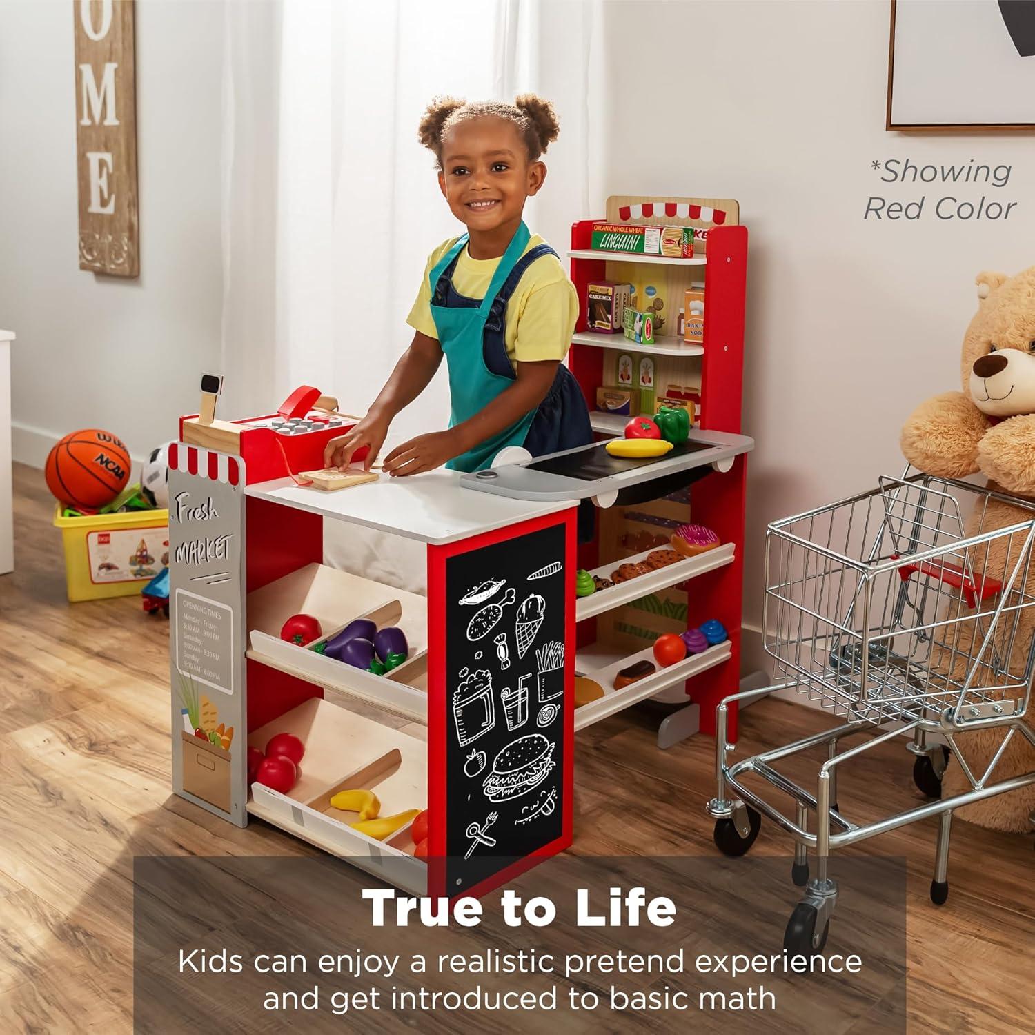 imageBest Choice Products Pretend Play Grocery Store Wooden Supermarket Toy Set for Kids wPlay Food Chalkboard Cash Register Working Conveyor  RedGreen