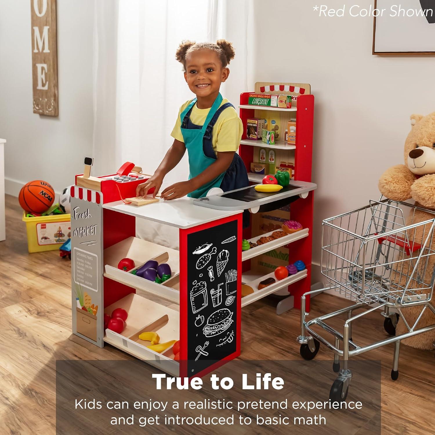 imageBest Choice Products Pretend Play Grocery Store Wooden Supermarket Toy Set for Kids wPlay Food Chalkboard Cash Register Working Conveyor  RedNatural