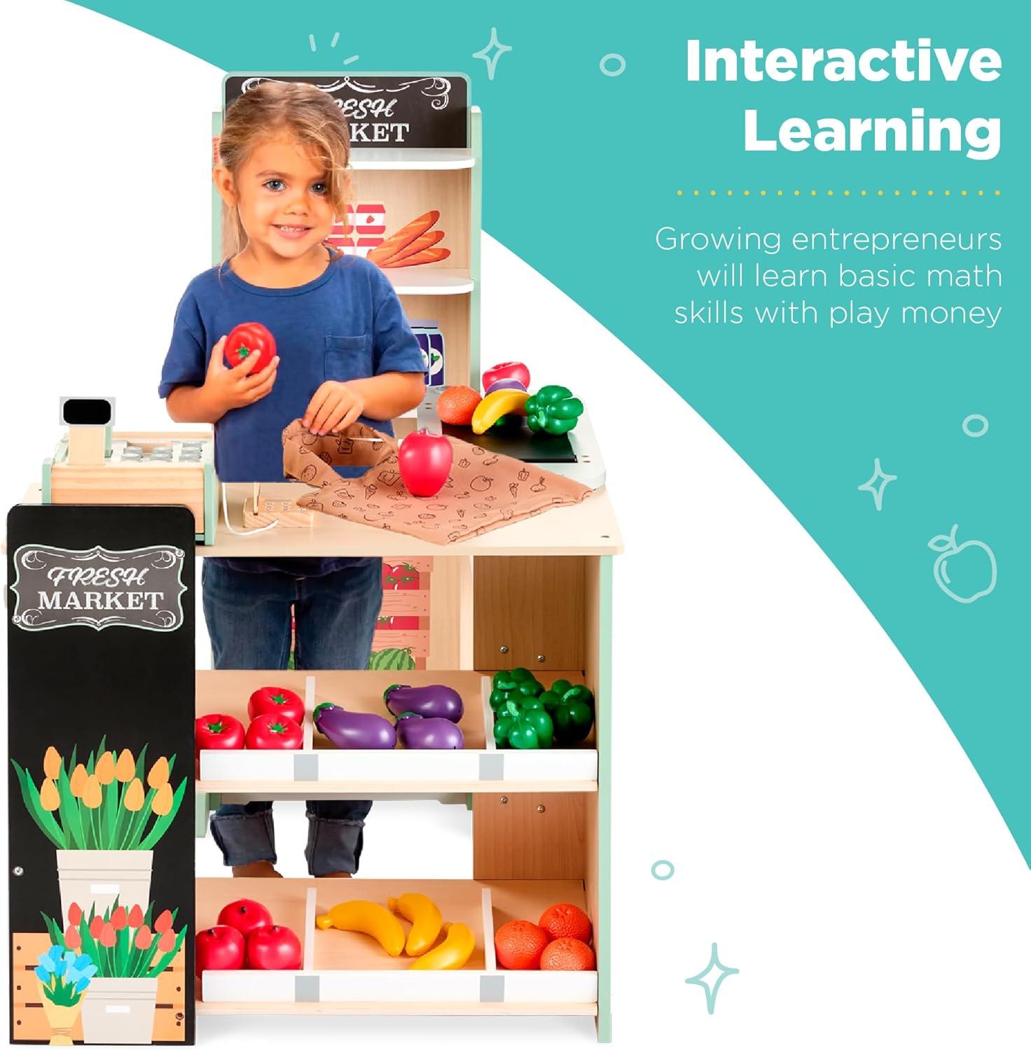 imageBest Choice Products Pretend Play Grocery Store Wooden Supermarket Toy Set for Kids wPlay Food Chalkboard Cash Register Working Conveyor  RedNatural