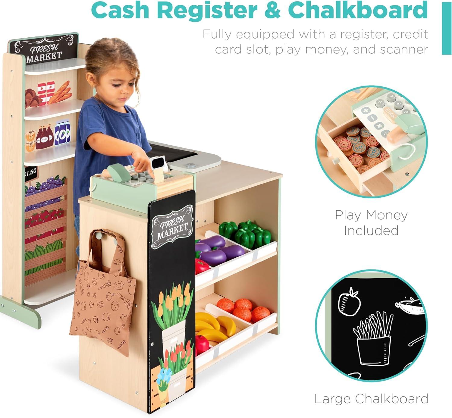 imageBest Choice Products Pretend Play Grocery Store Wooden Supermarket Toy Set for Kids wPlay Food Chalkboard Cash Register Working Conveyor  RedNatural