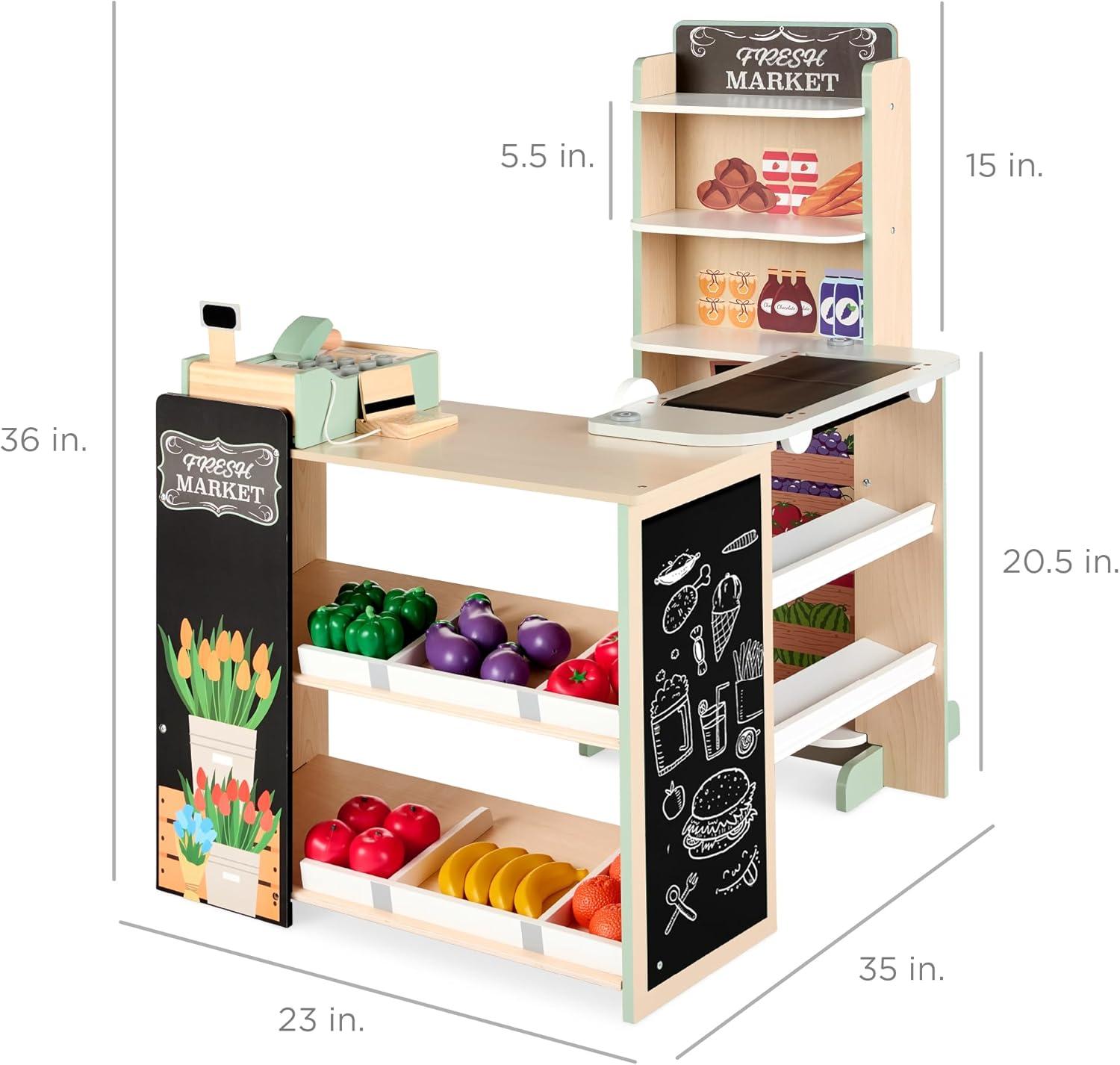 imageBest Choice Products Pretend Play Grocery Store Wooden Supermarket Toy Set for Kids wPlay Food Chalkboard Cash Register Working Conveyor  RedNatural