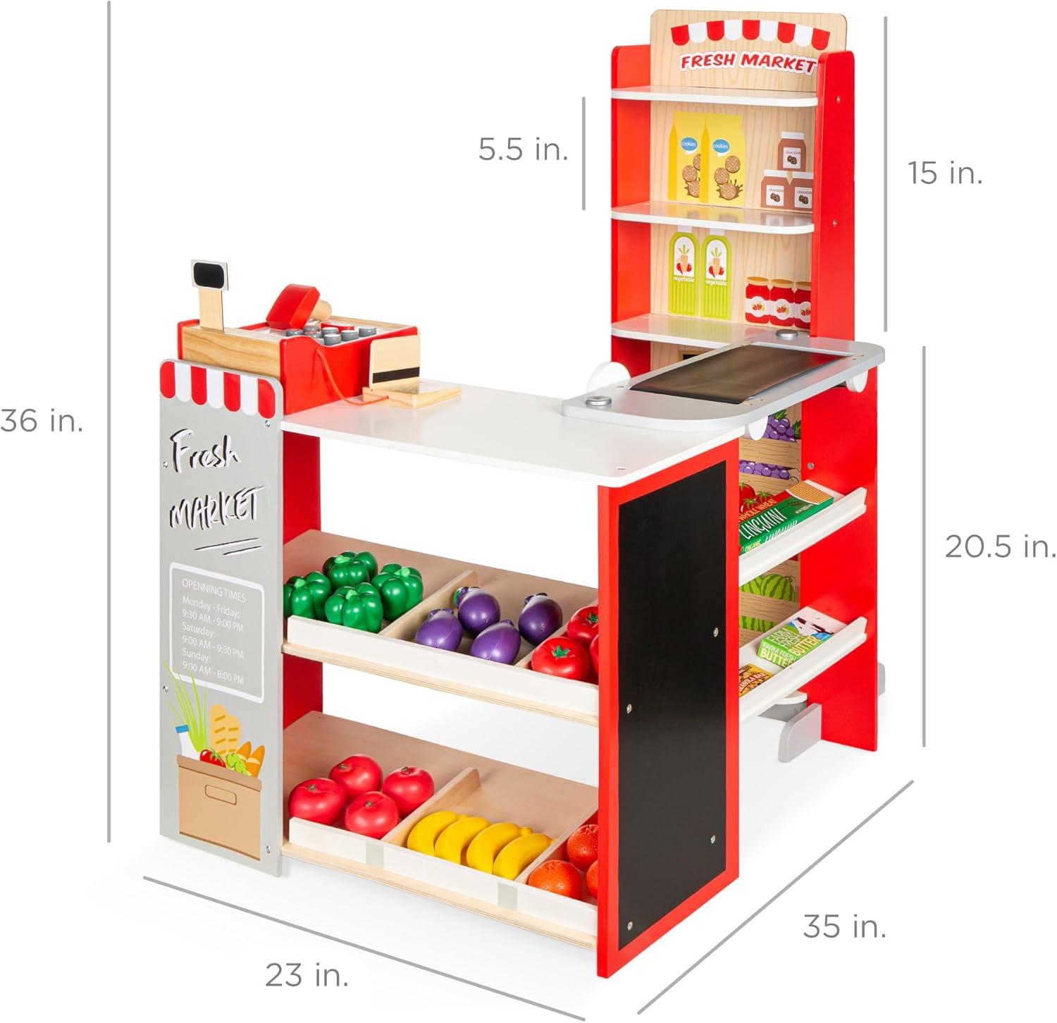 imageBest Choice Products Pretend Play Grocery Store Wooden Supermarket Toy Set for Kids wPlay Food Chalkboard Cash Register Working Conveyor  RedRed
