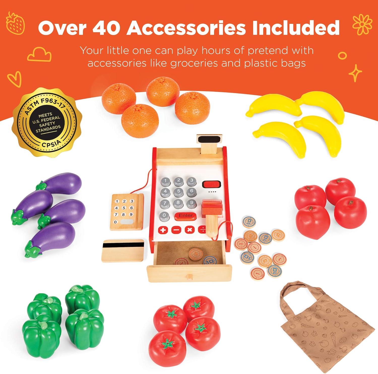 imageBest Choice Products Pretend Play Grocery Store Wooden Supermarket Toy Set for Kids wPlay Food Chalkboard Cash Register Working Conveyor  RedRed